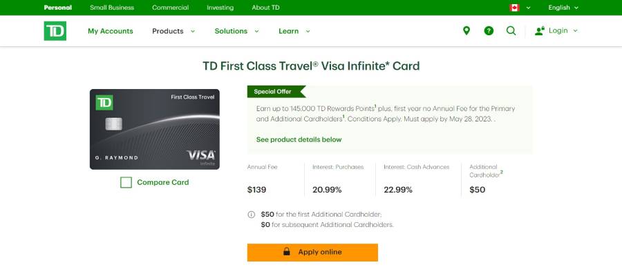 TD First Class Travel Visa Infinite Card